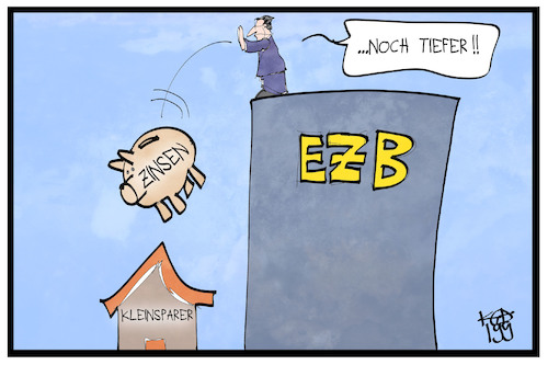 Cartoon: EZB-Zinspolitik (medium) by Kostas Koufogiorgos tagged karikatur,koufogiorgos,illustration,cartoon,ezb,bank,zentralbank,eu,europa,euro,geldpolitik,zinsen,strafzinsen,sparschwein,kleinsparer,wirtschaft,karikatur,koufogiorgos,illustration,cartoon,ezb,bank,zentralbank,eu,europa,euro,geldpolitik,zinsen,strafzinsen,sparschwein,kleinsparer,wirtschaft