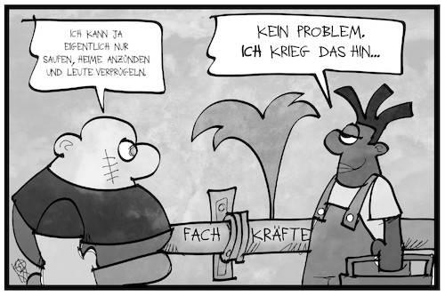 Cartoon: Fachkräfte (medium) by Kostas Koufogiorgos tagged karikatur,koufogiorgos,illustration,cartoon,fachkräfte,asylbewerber,flüchtlinge,rechtspopulismus,skinhead,bildung,klempner,flaschner,karikatur,koufogiorgos,illustration,cartoon,fachkräfte,asylbewerber,flüchtlinge,rechtspopulismus,skinhead,bildung,klempner,flaschner