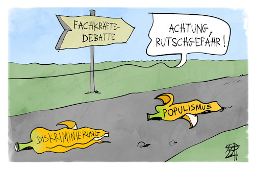 Cartoon: Fachkräftedebatte (medium) by Kostas Koufogiorgos tagged karikatur,koufogiorgos,fachkräftedebatte,einbürgerung,reform,banane,diskriminierung,populismus,karikatur,koufogiorgos,fachkräftedebatte,einbürgerung,reform,banane,diskriminierung,populismus