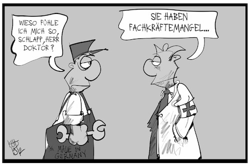 Cartoon: Fachkräftemangel (medium) by Kostas Koufogiorgos tagged karikatur,koufogiorgos,illustration,cartoon,fachkraeftemangel,arzt,patient,gipfel,zuwanderung,arbeit,karikatur,koufogiorgos,illustration,cartoon,fachkraeftemangel,arzt,patient,gipfel,zuwanderung,arbeit