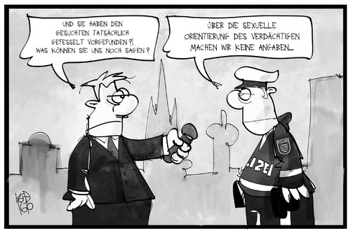 Cartoon: Fahndungserfolg in Sachsen (medium) by Kostas Koufogiorgos tagged karikatur,koufogiorgos,illustration,cartoon,reporter,polizei,polizist,sachsen,terrorismus,terrorist,interview,sexuelle,orientierung,gefesselt,fahndung,karikatur,koufogiorgos,illustration,cartoon,reporter,polizei,polizist,sachsen,terrorismus,terrorist,interview,sexuelle,orientierung,gefesselt,fahndung