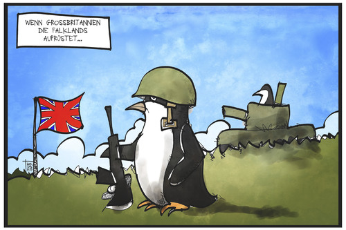 Cartoon: Falkland-Inseln (medium) by Kostas Koufogiorgos tagged karikatur,koufogiorgos,illustration,cartoon,falkland,insel,pinguin,aufrüstung,grossbritannien,uk,königreich,union,jack,panzer,helm,gewehr,militär,politik,karikatur,koufogiorgos,illustration,cartoon,falkland,insel,pinguin,aufrüstung,grossbritannien,uk,königreich,union,jack,panzer,helm,gewehr,militär,politik