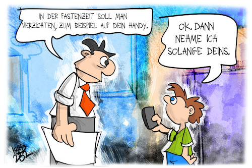 Cartoon: Fastenzeit (medium) by Kostas Koufogiorgos tagged karikatur,koufogiorgos,fastenzeit,verzicht,handy,smartphone,vater,kind,karikatur,koufogiorgos,fastenzeit,verzicht,handy,smartphone,vater,kind