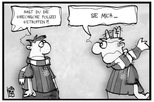 Cartoon: FC Bayern (medium) by Kostas Koufogiorgos tagged karikatur,koufogiorgos,illustration,cartoon,fc,bayern,münchen,fussball,cl,champions,league,olympiakos,piräus,polizei,griechenland,gewalt,hooligans,fans,polizeigewalt,auswärtsspiel,karikatur,koufogiorgos,illustration,cartoon,fc,bayern,münchen,fussball,cl,champions,league,olympiakos,piräus,polizei,griechenland,gewalt,hooligans,fans,polizeigewalt,auswärtsspiel