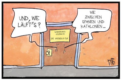 Cartoon: FDP und Grüne (medium) by Kostas Koufogiorgos tagged karikatur,koufogiorgos,illustration,cartoon,fdp,gruene,partei,sondierung,gespräch,sitzung,tuer,katalonien,spanien,konflikt,gefühl,karikatur,koufogiorgos,illustration,cartoon,fdp,gruene,partei,sondierung,gespräch,sitzung,tuer,katalonien,spanien,konflikt,gefühl