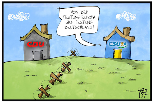 Cartoon: Festung Deutschland (medium) by Kostas Koufogiorgos tagged karikatur,koufogiorgos,illustration,cartoon,festung,europa,deutschland,union,cdu,csu,stacheldraht,asylstreit,politik,zaun,grenze,karikatur,koufogiorgos,illustration,cartoon,festung,europa,deutschland,union,cdu,csu,stacheldraht,asylstreit,politik,zaun,grenze