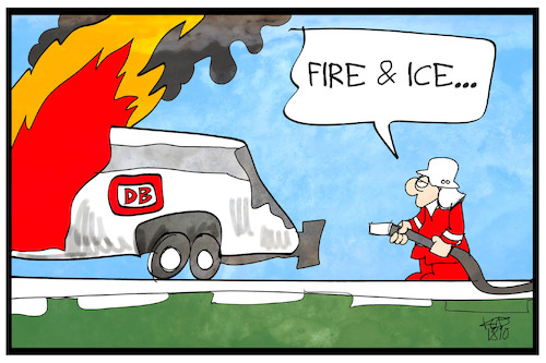 Cartoon: Feuer in einem ICE (medium) by Kostas Koufogiorgos tagged karikatur,koufogiorgos,illustration,cartoon,ice,bahn,feuer,feuerwehrmann,brand,unfall,infrastruktur,karikatur,koufogiorgos,illustration,cartoon,ice,bahn,feuer,feuerwehrmann,brand,unfall,infrastruktur