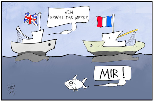 Cartoon: Fischereistreit (medium) by Kostas Koufogiorgos tagged karikatur,koufogiorgos,illustration,cartoon,fisch,meer,frankreich,grossbritannien,wirtschaft,streit,schiff,karikatur,koufogiorgos,illustration,cartoon,fisch,meer,frankreich,grossbritannien,wirtschaft,streit,schiff