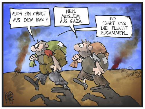 Cartoon: Flüchtlinge (medium) by Kostas Koufogiorgos tagged karikatur,koufogiorgos,illustration,cartoon,flüchtling,christ,moslem,islam,christentum,flucht,irak,gaza,krieg,konflikt,politik,karikatur,koufogiorgos,illustration,cartoon,flüchtling,christ,moslem,islam,christentum,flucht,irak,gaza,krieg,konflikt,politik