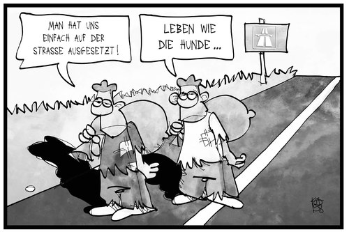 Cartoon: Flüchtlinge (medium) by Kostas Koufogiorgos tagged hund,ausgesetzt,flüchtlinge,cartoon,illustration,koufogiorgos,karikatur,politik,schlepper,menschenhandel,asyl,strasse,autobahn,karikatur,koufogiorgos,illustration,cartoon,flüchtlinge,ausgesetzt,hund,autobahn,strasse,asyl,menschenhandel,schlepper,politik