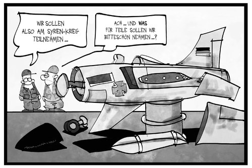 Cartoon: Flügellahme Bundeswehr (medium) by Kostas Koufogiorgos tagged konflikt,krieg,teilnehmen,soldat,bundeswehr,ersatzteil,flugzeug,tornado,einsatz,ausrüstung,militär,rüstung,syrien,cartoon,illustration,koufogiorgos,karikatur,karikatur,koufogiorgos,illustration,cartoon,syrien,einsatz,tornado,flugzeug,ersatzteil,bundeswehr,soldat,teilnehmen,krieg,konflikt,rüstung,militär,ausrüstung