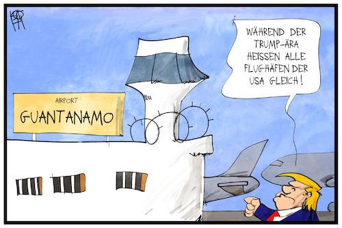 Cartoon: Flughafen Guantanamo (medium) by Kostas Koufogiorgos tagged karikatur,koufogiorgos,illustration,cartoon,flughafen,trump,guantanamo,name,einreisestopp,muslime,dekret,usa,politik,karikatur,koufogiorgos,illustration,cartoon,flughafen,trump,guantanamo,name,einreisestopp,muslime,dekret,usa,politik