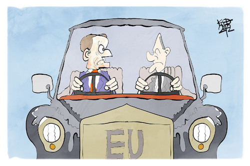 Cartoon: Frankreich-Deutschland (medium) by Kostas Koufogiorgos tagged karikatur,koufogiorgos,frankreich,deutschland,macron,scholz,eu,auto,steuer,karikatur,koufogiorgos,frankreich,deutschland,macron,scholz,eu,auto,steuer