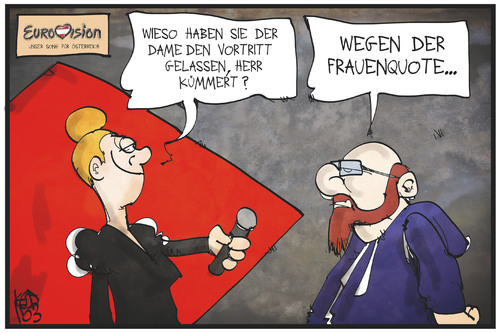 Cartoon: Frauenquote beim ESC (medium) by Kostas Koufogiorgos tagged karikatur,koufogiorgos,cartoon,illustration,eurovision,esc,kümmert,schöneberger,frau,mann,frauenquote,verzicht,show,wettbewerb,sieger,moderatorin,sänger,musik,karikatur,koufogiorgos,cartoon,illustration,eurovision,esc,kümmert,schöneberger,frau,mann,frauenquote,verzicht,show,wettbewerb,sieger,moderatorin,sänger,musik