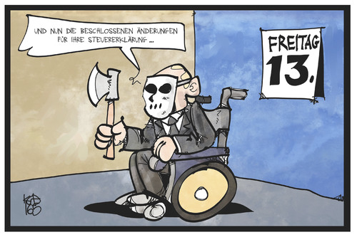 Cartoon: Freitag der 13. (medium) by Kostas Koufogiorgos tagged karikatur,koufogiorgos,illustration,cartoon,steuererklärung,schäuble,jason,freitag,13,film,datum,unglück,pech,finanzminister,karikatur,koufogiorgos,illustration,cartoon,steuererklärung,schäuble,jason,freitag,13,film,datum,unglück,pech,finanzminister