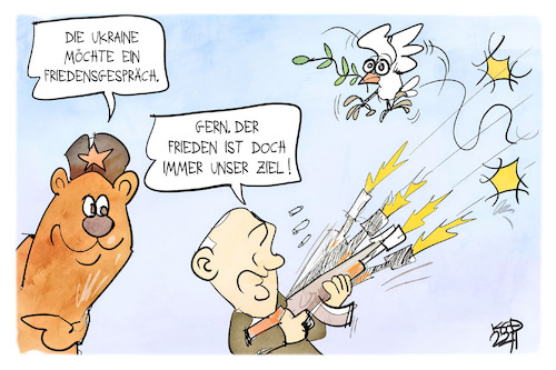 Cartoon: Friedensgespräche (medium) by Kostas Koufogiorgos tagged karikatur,koufogiorgos,ukraine,frieden,putin,bär,russland,krieg,waffe,ziel,karikatur,koufogiorgos,ukraine,frieden,putin,bär,russland,krieg,waffe,ziel