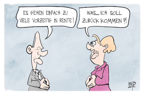 Cartoon: Frührente (medium) by Kostas Koufogiorgos tagged karikatur,koufogiorgos,scholz,merkel,rente,frührente,kanzler,arbeit,karikatur,koufogiorgos,scholz,merkel,rente,frührente,kanzler,arbeit