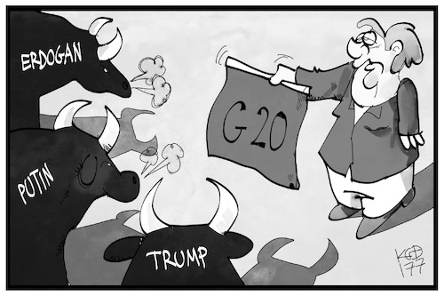 Cartoon: G20-Gäste (medium) by Kostas Koufogiorgos tagged karikatur,koufogiorgos,illustration,cartoon,hamburg,g20,merkel,trump,erdogan,putin,gastgeberin,torrero,stierkampf,bändigen,politik,karikatur,koufogiorgos,illustration,cartoon,hamburg,g20,merkel,trump,erdogan,putin,gastgeberin,torrero,stierkampf,bändigen,politik