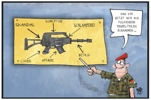 Cartoon: G36-Skandal (medium) by Kostas Koufogiorgos tagged karikatur,koufogiorgos,illustration,cartoon,g36,sturmgewehr,bundeswehr,waffe,militär,ausrüstung,skandal,heckler,koch,korruption,politik,karikatur,koufogiorgos,illustration,cartoon,g36,sturmgewehr,bundeswehr,waffe,militär,ausrüstung,skandal,heckler,koch,korruption,politik