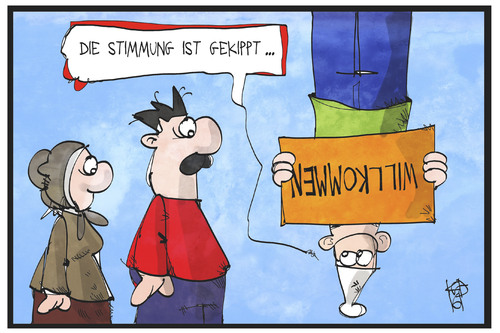 Cartoon: Gekippte Stimmung (medium) by Kostas Koufogiorgos tagged karikatur,koufogiorgos,illustration,cartoon,michel,willkommenskultur,flüchtlingspolitik,fluechtlinge,umkippen,stimmung,stimmungswechsel,umfallen,kopfüber,umgekehrt,karikatur,koufogiorgos,illustration,cartoon,michel,willkommenskultur,flüchtlingspolitik,fluechtlinge,umkippen,stimmung,stimmungswechsel,umfallen,kopfüber,umgekehrt