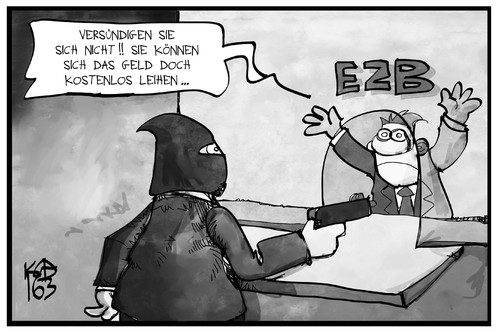 Cartoon: Geld von der EZB (medium) by Kostas Koufogiorgos tagged karikatur,koufogiorgos,illustration,cartoon,bank,ezb,ueberfall,raeuber,leutzins,leihen,kredit,zentralbank,geld,wirtschaft,bankschalter,taeter,opfer,kriminalitaet,karikatur,koufogiorgos,illustration,cartoon,bank,ezb,ueberfall,raeuber,leutzins,leihen,kredit,zentralbank,geld,wirtschaft,bankschalter,taeter,opfer,kriminalitaet