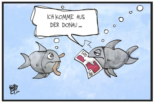 Cartoon: Geldfund in der Donau (medium) by Kostas Koufogiorgos tagged karikatur,koufogiorgos,illustration,cartoon,geld,fisch,donau,wien,euro,wasser,fluss,beute,karikatur,koufogiorgos,illustration,cartoon,geld,fisch,donau,wien,euro,wasser,fluss,beute