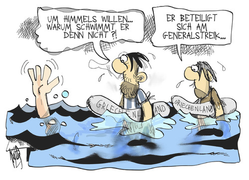 Cartoon: Generalstreik in Griechenland (medium) by Kostas Koufogiorgos tagged griechenland,streik,schwimmer,meer,generalstreik,europa,euro,schulden,krise,sparpaket,karikatur,kostas,koufogiorgos,griechenland,streik,schwimmer,meer,generalstreik,europa,euro,schulden,krise,sparpaket,karikatur,kostas,koufogiorgos