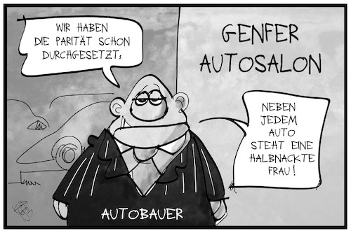 Cartoon: Genfer Autosalon (medium) by Kostas Koufogiorgos tagged karikatur,koufogiorgos,illustration,cartoon,genfer,autosalon,sexismus,frau,autobauer,parität,quote,gleichberechtigung,karikatur,koufogiorgos,illustration,cartoon,genfer,autosalon,sexismus,frau,autobauer,parität,quote,gleichberechtigung