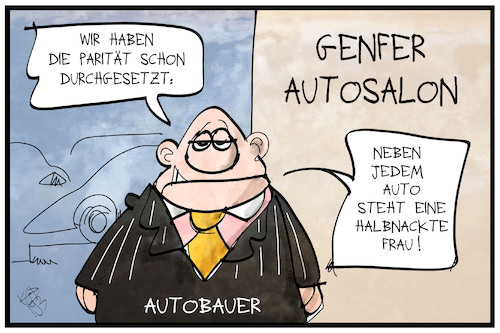 Cartoon: Genfer Autosalon (medium) by Kostas Koufogiorgos tagged karikatur,koufogiorgos,illustration,cartoon,genfer,autosalon,sexismus,frau,autobauer,parität,quote,gleichberechtigung,karikatur,koufogiorgos,illustration,cartoon,genfer,autosalon,sexismus,frau,autobauer,parität,quote,gleichberechtigung