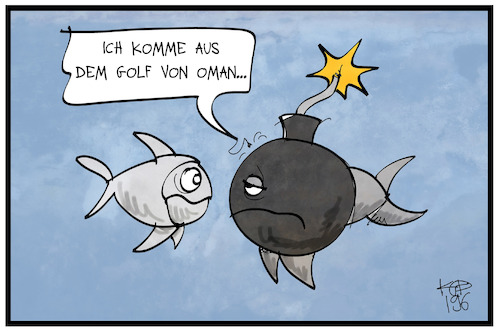 Cartoon: Golf von Oman (medium) by Kostas Koufogiorgos tagged karikatur,koufogiorgos,illustration,cartoon,golf,oman,tanker,fisch,arabien,konflikt,eskalation,bombe,karikatur,koufogiorgos,illustration,cartoon,golf,oman,tanker,fisch,arabien,konflikt,eskalation,bombe