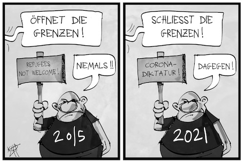 Cartoon: Grenzschließungen (medium) by Kostas Koufogiorgos tagged karikatur,koufogiorgos,illustration,cartoon,grenzschließung,ausländer,rechtsextremismus,eu,europa,corona,pandemie,diktatur,2015,2021,unterschied,karikatur,koufogiorgos,illustration,cartoon,grenzschließung,ausländer,rechtsextremismus,eu,europa,corona,pandemie,diktatur,2015,2021,unterschied