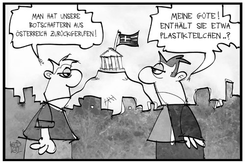 Cartoon: Griechenland-Österreich (medium) by Kostas Koufogiorgos tagged karikatur,koufogiorgos,illustration,cartoon,griechenland,oesterreich,flüchtlingspolitik,streit,rueckruf,plastik,diplomatie,konflikt,athen,akropolis,karikatur,koufogiorgos,illustration,cartoon,griechenland,oesterreich,flüchtlingspolitik,streit,rueckruf,plastik,diplomatie,konflikt,athen,akropolis