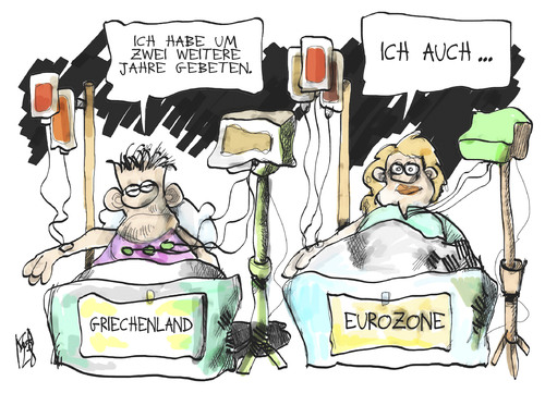 Cartoon: Griechenland (medium) by Kostas Koufogiorgos tagged schonfrist,krankenhaus,griechenland,euro,schulden,krise,zone,europa,bankrott,rettung,kredit,karikatur,kostas,koufogiorgos