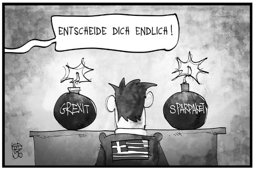 Cartoon: Griechenland (medium) by Kostas Koufogiorgos tagged karikatur,koufogiorgos,illustration,cartoon,griechenland,grexit,sparpaket,bombe,zeit,entscheidung,ultimatum,europa,schuldenstreit,institutionen,politik,explosiv,wahl,karikatur,koufogiorgos,illustration,cartoon,griechenland,grexit,sparpaket,bombe,zeit,entscheidung,ultimatum,europa,schuldenstreit,institutionen,politik,explosiv,wahl