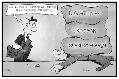 Cartoon: Griechenland (medium) by Kostas Koufogiorgos tagged karikatur,koufogiorgos,illustration,cartoon,griechenland,eu,solidaritaet,tuerkei,last,flüchtlinge,sparprogramm,sparen,druck,urlaub,tourismus,karikatur,koufogiorgos,illustration,cartoon,griechenland,eu,solidaritaet,tuerkei,last,flüchtlinge,sparprogramm,sparen,druck,urlaub,tourismus