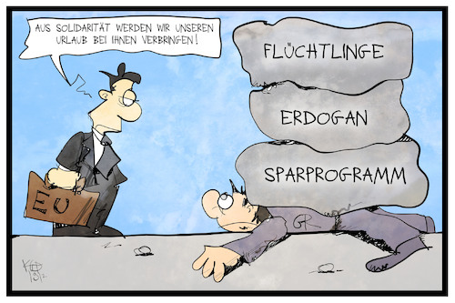 Cartoon: Griechenland (medium) by Kostas Koufogiorgos tagged karikatur,koufogiorgos,illustration,cartoon,griechenland,eu,solidaritaet,tuerkei,last,flüchtlinge,sparprogramm,sparen,druck,urlaub,tourismus,karikatur,koufogiorgos,illustration,cartoon,griechenland,eu,solidaritaet,tuerkei,last,flüchtlinge,sparprogramm,sparen,druck,urlaub,tourismus