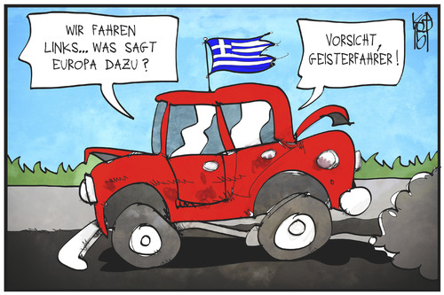 Cartoon: Griechenland fährt links (medium) by Kostas Koufogiorgos tagged karikatur,koufogiorgos,illustration,cartoon,griechenland,regierung,geisterfahrer,auto,europa,tsipras,politik,syriza,karikatur,koufogiorgos,illustration,cartoon,griechenland,regierung,geisterfahrer,auto,europa,tsipras,politik,syriza