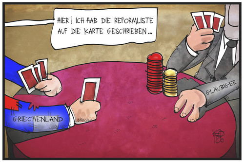 Cartoon: Griechenlands Reformliste (medium) by Kostas Koufogiorgos tagged karikatur,koufogiorgos,illustration,cartoon,reform,liste,pokern,kartenspiel,geld,wirtschaft,politik,handeln,gläubiger,troika,europa,eu,ezb,iwf,spielkarte,karikatur,koufogiorgos,illustration,cartoon,reform,liste,pokern,kartenspiel,geld,wirtschaft,politik,handeln,gläubiger,troika,europa,eu,ezb,iwf,spielkarte