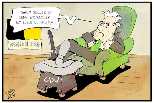 Cartoon: Grün-Schwarz (medium) by Kostas Koufogiorgos tagged karikatur,koufogiorgos,illustration,cartoon,gruene,kretschmann,cdu,baden,wuerttemberg,schwarz,gruen,bequemlichkeit,politik,koalition,regierung,karikatur,koufogiorgos,illustration,cartoon,gruene,kretschmann,cdu,baden,wuerttemberg,schwarz,gruen,bequemlichkeit,politik,koalition,regierung