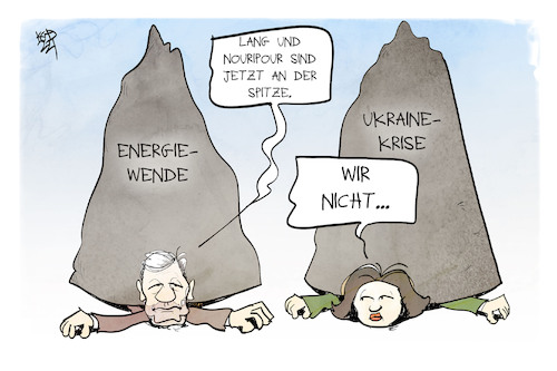 Cartoon: Grünen-Spitze (medium) by Kostas Koufogiorgos tagged karikatur,koufogiorgos,cartoon,illustration,gruene,vorsitz,partei,spitze,habeck,baerbock,energiewende,ukraine,last,karikatur,koufogiorgos,cartoon,illustration,gruene,vorsitz,partei,spitze,habeck,baerbock,energiewende,ukraine,last