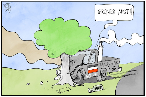 Cartoon: Grüner Mist (medium) by Kostas Koufogiorgos tagged karikatur,koufogiorgos,illustration,cartoon,grüne,reichsbuerger,unfall,baum,mist,karikatur,koufogiorgos,illustration,cartoon,grüne,reichsbuerger,unfall,baum,mist