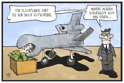 Cartoon: Gutscheine für Flüchtlinge (medium) by Kostas Koufogiorgos tagged karikatur,koufogiorgos,illustration,cartoon,gutschein,bargeld,flüchtling,drohne,eurohawk,geld,fressen,verbrauchen,innenminister,rüstung,militär,rüstungsgüter,verschwendung,karikatur,koufogiorgos,illustration,cartoon,gutschein,bargeld,flüchtling,drohne,eurohawk,geld,fressen,verbrauchen,innenminister,rüstung,militär,rüstungsgüter,verschwendung