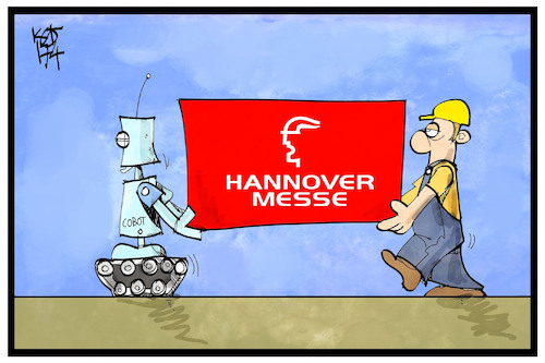 Cartoon: Hannover-Messe (medium) by Kostas Koufogiorgos tagged karikatur,koufogiorgos,illustration,cartoon,hannover,messe,cobot,roboter,arbeit,industrie,ausstellung,wirtschaft,karikatur,koufogiorgos,illustration,cartoon,hannover,messe,cobot,roboter,arbeit,industrie,ausstellung,wirtschaft