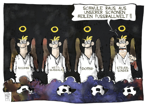 Cartoon: Heile Fußballwelt (medium) by Kostas Koufogiorgos tagged wettskandal,schwul,hitzlsperger,homosexualität,hooligan,fussballparadies,fussballparadies,hooligan,homosexualität,hitzlsperger,schwul,wettskandal