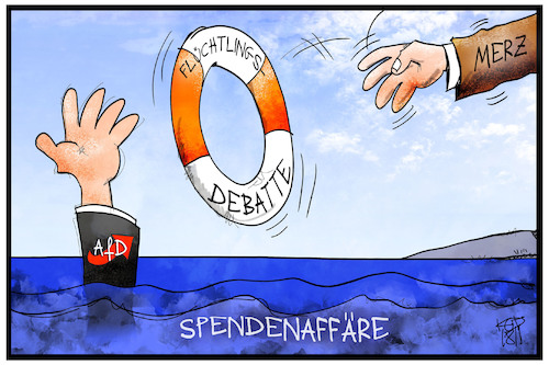 Cartoon: Hilfe für die AfD (medium) by Kostas Koufogiorgos tagged koufogiorgos,illustration,cartoon,karikatur,afd,merz,rettungsring,flüchtlingsdebatte,rettung,ertrinken,untergang,populismus,demokratie,politik,koufogiorgos,illustration,cartoon,karikatur,afd,merz,rettungsring,flüchtlingsdebatte,rettung,ertrinken,untergang,populismus,demokratie,politik