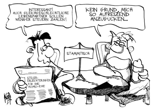 Cartoon: Homo-Ehe (medium) by Kostas Koufogiorgos tagged homo,ehe,sexualität,steuer,stammtisch,gleichstellung,gesellschaft,karikatur,kostas,koufogiorgos,homo,ehe,sexualität,steuer,stammtisch,gleichstellung,gesellschaft