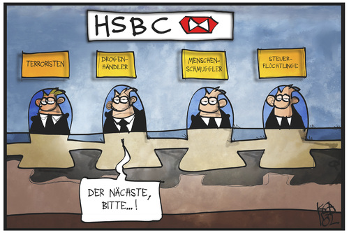 Cartoon: HSBC-Kundschaft (medium) by Kostas Koufogiorgos tagged karikatur,koufogiorgos,illustration,cartoon,bank,schalter,banker,kunden,kriminalität,korruption,steuerhinterziehung,wirtschaft,karikatur,koufogiorgos,illustration,cartoon,bank,schalter,banker,kunden,kriminalität,korruption,steuerhinterziehung,wirtschaft