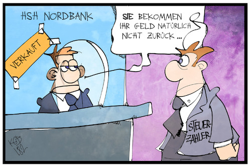 Cartoon: HSH Nordbank (medium) by Kostas Koufogiorgos tagged karikatur,koufogiorgos,illustration,cartoon,hsh,nordbank,investor,cerberus,verkauf,bank,kunde,schalter,banker,wirtschaft,karikatur,koufogiorgos,illustration,cartoon,hsh,nordbank,investor,cerberus,verkauf,bank,kunde,schalter,banker,wirtschaft