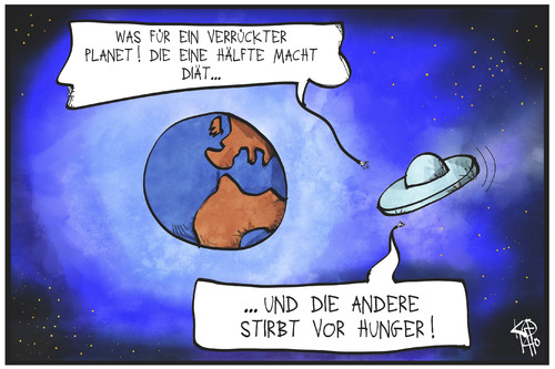 Cartoon: Hunger in der Welt (medium) by Kostas Koufogiorgos tagged karikatur,koufogiorgos,illustration,cartoon,hunger,welt,erde,planet,ufo,untertasse,diät,ernährung,karikatur,koufogiorgos,illustration,cartoon,hunger,welt,erde,planet,ufo,untertasse,diät,ernährung