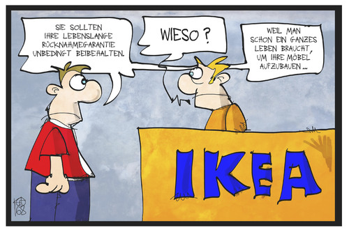 Cartoon: IKEA (medium) by Kostas Koufogiorgos tagged karikatur,koufogiorgos,illustration,cartoon,ikea,rücknahme,aufbau,möbelhaus,garantie,lebenslang,kunde,verkäufer,wirtschaft,kundenfreundlichkeit,service,verbraucher,karikatur,koufogiorgos,illustration,cartoon,ikea,rücknahme,aufbau,möbelhaus,garantie,lebenslang,kunde,verkäufer,wirtschaft,kundenfreundlichkeit,service,verbraucher